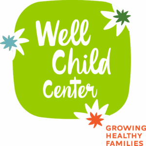 Well Child Center logo, with the words Well Child Center in the Center of a lime green oval and the tag line Growing Healthy Families in red in the bottom right corner.